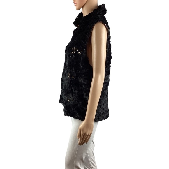 Betsey Johnson Faux Fur Gold Sequin Vest Size L Black - Picture 4 of 6